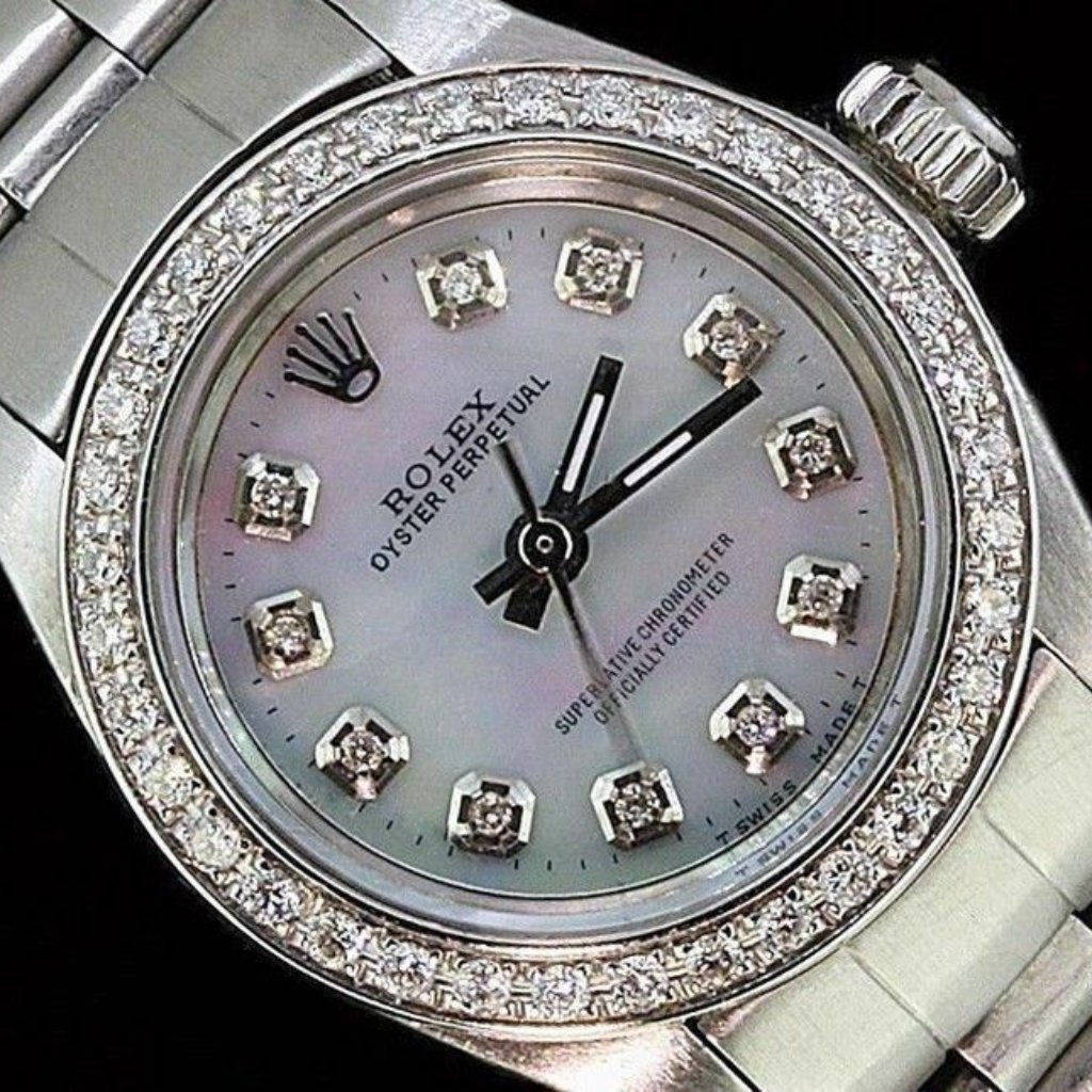 Rolex Ladies Oyster Perpetual Stainless Steel Diamond Bezel Dial Watch